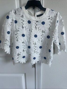 White Floral Lace Top with Navy Daisy Accents